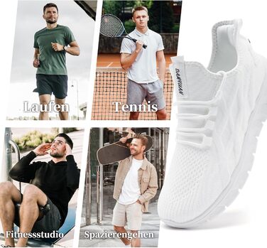 Чоловічі кросівки для бігу, спортивні, повсякденні: легкі, дихаючі, для тенісу, фітнесу, піших прогулянок. Slip-On (43 EU, B White)