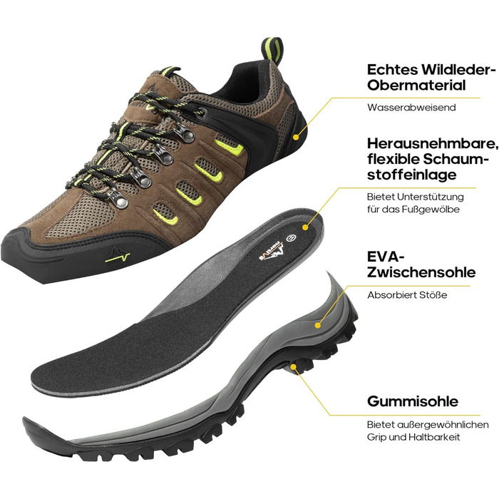 Чоловічі водонепроникні трекінгові черевики NORTIV - легкі, для хайкінгу та кемпінгу, 43 EU, чорний, коричневий, жовтий