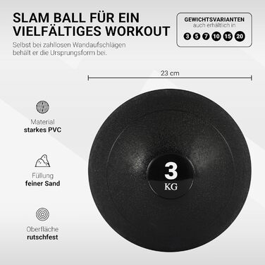 MSPORTS Slam Ball Premium, медичний м'яч 3 кг, чорний, для кросфіту, фітнесу, стінових вправ