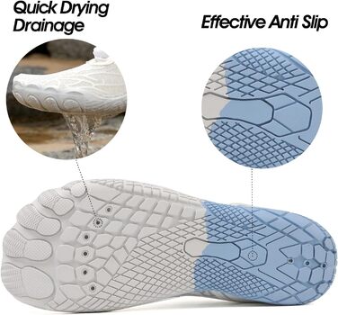 Взуття для плавання, водяні черевики для жінок, п'ятипалі, неслизька підошва, швидке висихання, дренажна система, легкі босижні черевики для багатоцільових активностей, білий/блакитний, 36-47 EU, Whiteblue 811 42 EU