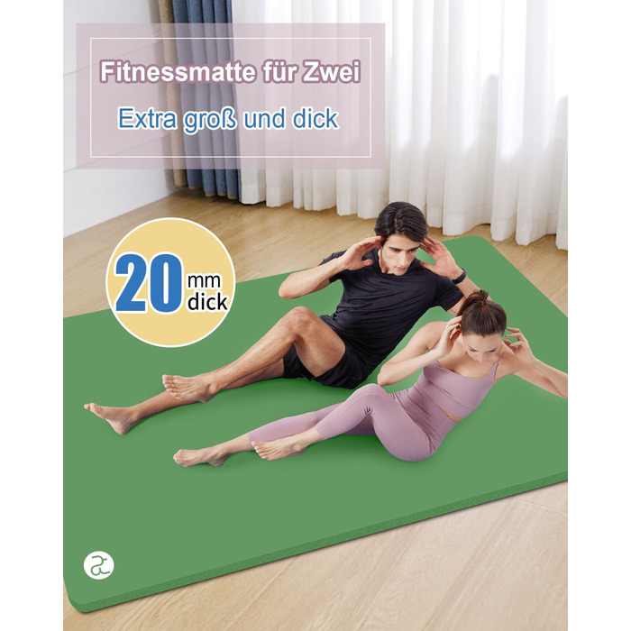 Килимок для йоги XXL 200x130 см: фітнес-мат з NBR, товщина 20/15/10 мм. Підходить для йоги, фітнесу, занять з дітьми та для людей похилого віку. Зелений, товщина 20 мм