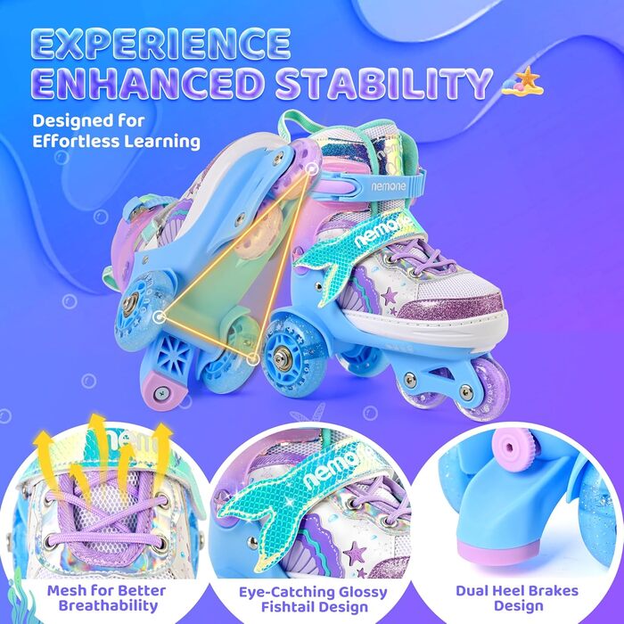 Дитячі ролики Nemone для дівчаток, блакитно-фіолетові, 4 розміри, регульовані, для катання в приміщенні та на вулиці