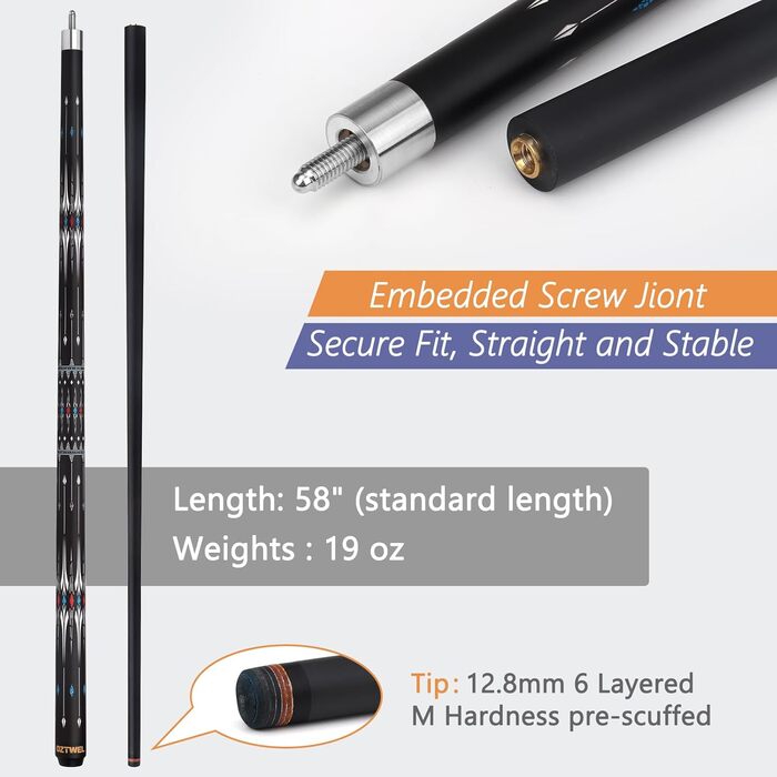 Професійний набір для більярду з чохлом, 12,5 мм скловолоконний кий, набір київ для більярду, 147,3 см, з рукавичками, вентилятором, 540 г