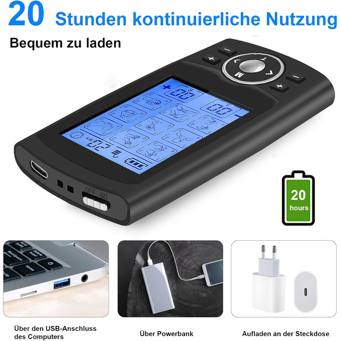 Апарат для терапії болю TENS EMS, електроспур з 36 програм, 12 електродів, для зняття болю