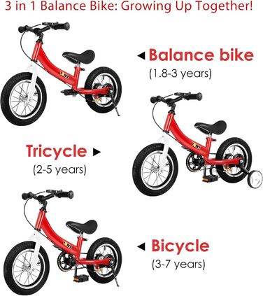 Дитячий велосипед YBIKE 2-в-1: біговел та велосипед, 12/14/16 дюймів, з гальмами та педалями, для дітей 1-7 років (червоний, 14 дюймів)