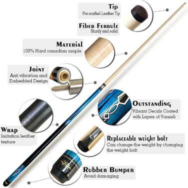 Кю Тай Ба: Професійний більярдний кий з наконечником 13 мм, 58'', канадський клен, 19,20,21 Oz (на вибір) - синій, червоний, зелений + чохол