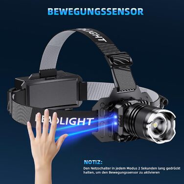 LED налобний ліхтар з акумулятором, надпотужний, з датчиком руху, 3 режими світла та 2 червоних, водонепроникний IPX7, для кемпінгу, бігу, риболовлі, походів, активного відпочинку та надзвичайних ситуацій