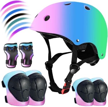 Дитячий велосипедний шолом Kinder-Fahrradhelm з набором захисту (наколінники, налокітники, рукавички) для хлопчиків та дівчаток 3-8 років, рожевий/блакитний/зелений