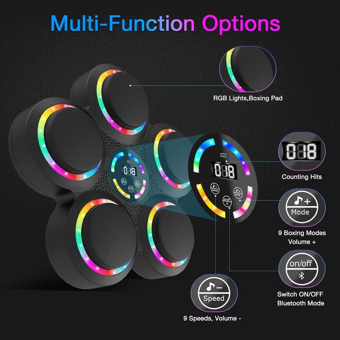 Розумна боксерська машина FOOING з Bluetooth, LED-підсвіткою та рівнями швидкості для дорослих та дітей, тренажер для зняття стресу з боксерськими рукавичками для домашніх тренувань. Інтелектуальні фітнес-пристрої (багатокольорове світло)