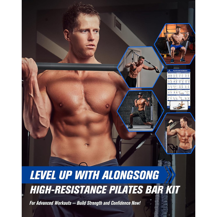 Набір для пілатесу з еластичними стрічками та стержнем для силових тренувань, 180LBS/140LBS/240LBS/360LBS, фітнес-стрічки, сірий