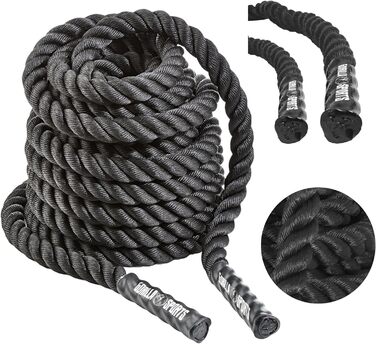 GORILLA SPORTS® Батл-канат 15 м, 38/50 мм, неслизькі ручки, нейлон, чорний – тренувальний канат для фітнесу, кросфіту, батл-роуп, для залу та спорту