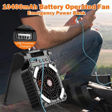 Вентилятор для кемпінгу Solar з ліхтарем LED, 10400mAh, портативний, з таймером, зарядкою для телефону та еко-функцією, для кемпінгу, риболовлі, відключень електроенергії, походів, чорний мат