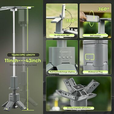 Ліхтар кемпінговий SakerPlus телескопічний, 14000mAh, з power bank, магнітний, 6000 люмен, сірий