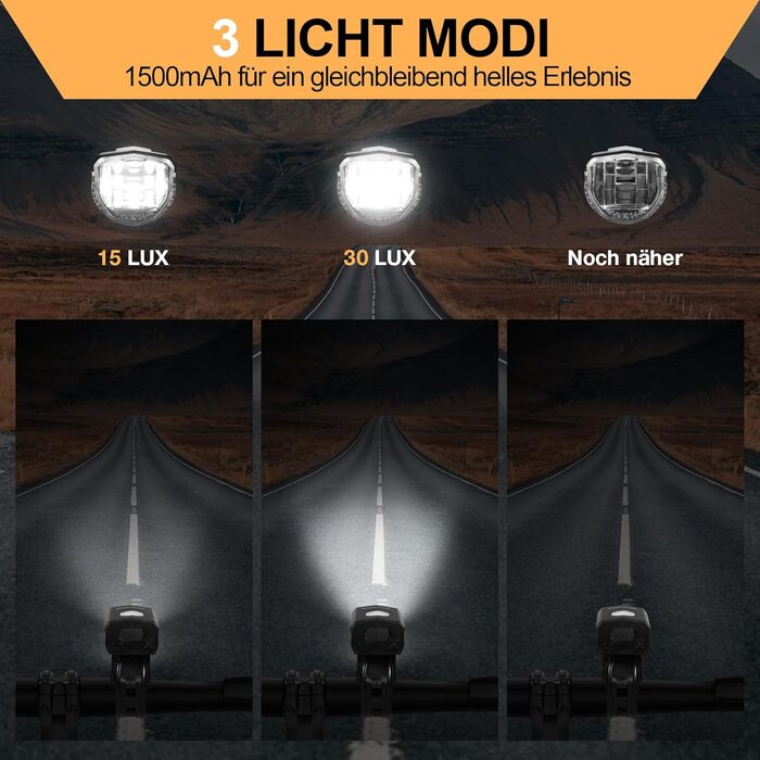 Набір велосипедних LED фар StVZO 30/15 LUX, 360° підсвітка, водонепроникний IPX4, акумулятор USB, до 10 годин, передня та задня фара для дорослих і дітей