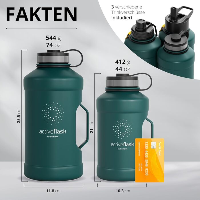 Спортивна пляшка BeMaxx ACTIVE FLASK 1,3 л з нержавіючої сталі, 3 кришки, трубочка, BPA-free, герметична, для води, газованих напоїв, для спорту, фітнесу, туризму