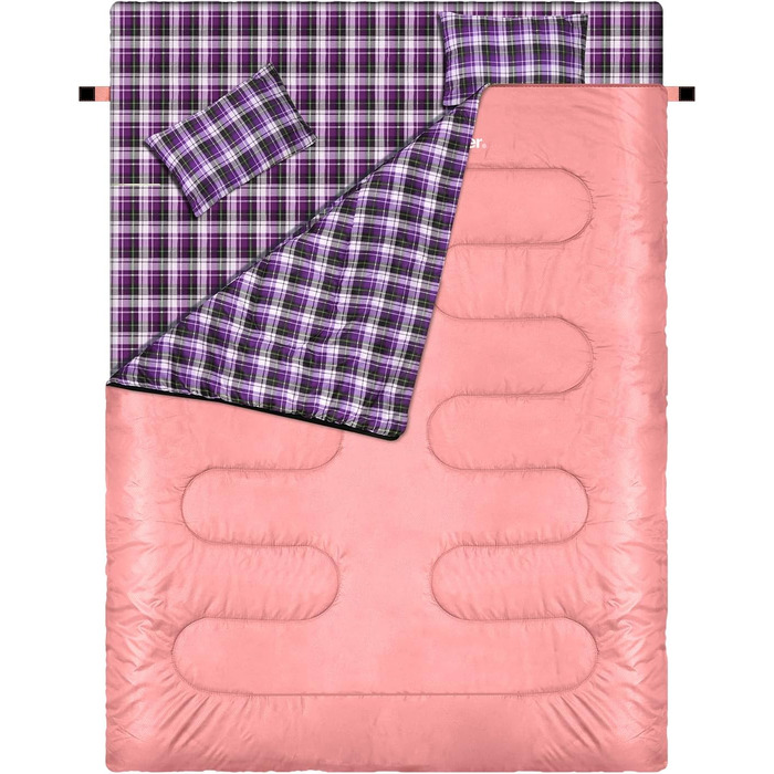 Сплячий мішок Outdoor Sportneer для двох осіб: спальний мішок 2.75 кг для дорослих, 3 сезони, 220x150 см, з 2 подушками (без фланелевої підкладки), рожевий