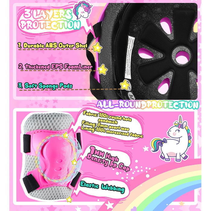 Дитячий шолом Einhorn для дівчаток з наколінниками. Захист для роликів, скейтборду, самокату та велосипеда. Розмір S (3-6 років). Рожевий колір.