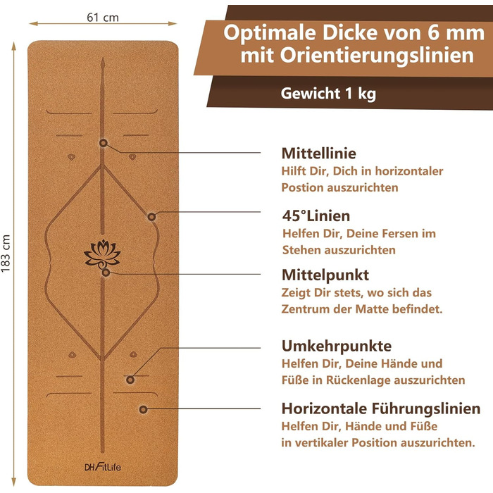 DH FitLife Йога-мат з корку та TPE 183x61x0,6 см, нековзкий, з орієнтаційними лініями, для фітнесу та гімнастики, малий лотос