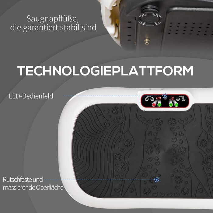 Вібраційна платформа HOMCOM з 2 фітнес-резинками, 99 режимів, 120 кг, для домашнього тренування, 200 Вт, LCD-дисплей, 73x40x13 см, біло-чорна
