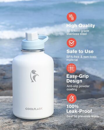 Термобутилка Coolflask 2 л з нержавіючої сталі з PU-чохлом, ізольована пляшка для води з кришкою-трубочкою, зберігає холод 48 годин, тепло 24 години, Glacier White