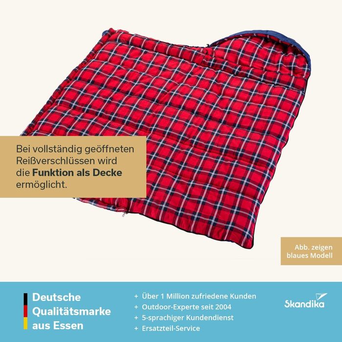 Спальний мішок Skandika Dundee Junior для дітей | Теплий, м'який, водонепроникний, 175 x 70 см, діапазон комфорту 13-3°C, чорно-блакитний в клітинку