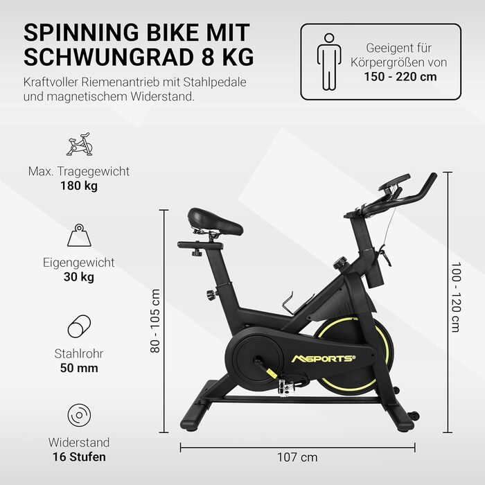 Преміум велотренажер MSPORTS Indoor Cycling Bike Black, 8 кг маховик, магнітний опір, Bluetooth, фітнес велоергометр для дому
