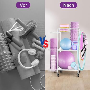 Стійка для зберігання спортивного обладнання SMUSEI: 3 яруси, металева, з роликами та 8 гачками. Підходить для йог-матів, гантелей, гир та іншого обладнання для дому.