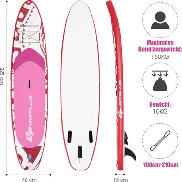 Надувна SUP-дошка COSTWAY 325x76x16 см, до 150 кг, з рюкзаком, насосом, регульованим веслом, страховочним шнуром, еластичним шнуром та ремкомплектом, рожева, без сидіння