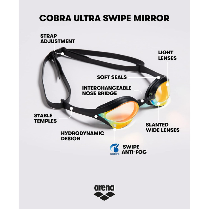 Окуляри для плавання ARENA Cobra Ultra Swipe жовто-білі унісекс + футляр, чорний/білий/синій, універсальний розмір