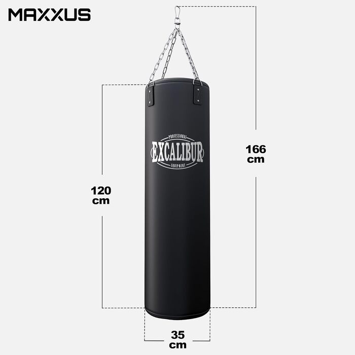 Боксерський мішок MAXXUS PRO 120/100/80 - наповнений, з металевим тросом, 120x35x30 см, для боксу, MMA, муай-тай, кікбоксингу, 20-34 кг