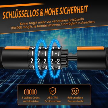 Надійне велозамок HiiPeak з 5-значним кодом, 94 см, 7 мм, для велосипеда, мотоцикла, грилю, чорний