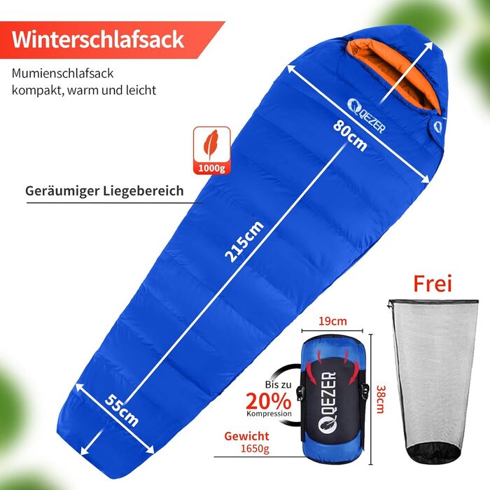 Сплячий мішок пуховий теплий зимовий 0°C -23°C для дорослих та дітей, 4 сезони, кемпінг, відпочинок на природі, чорний, сапфіровий блакитний