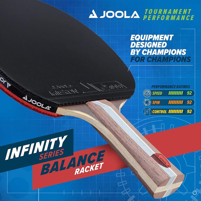 Ракетка для настільного тенісу JOOLA Infinity Balance – професійна, для тренувань та змагань. Гума JOOLA Method 38. Швидкість/Спін/Контроль: 92/92/92