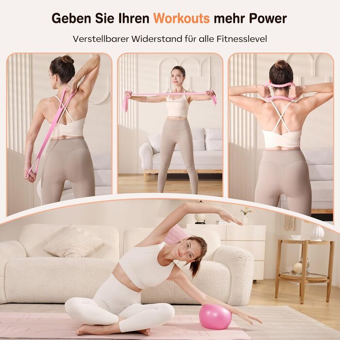 Набір для пілатесу 13 шт. для дому: кільце 13', м'яч 10' та еластичні стрічки. Комплект обладнання для пілатесу для жінок, початківців. Пілатес-стрічки та аксесуари (рожевий)
