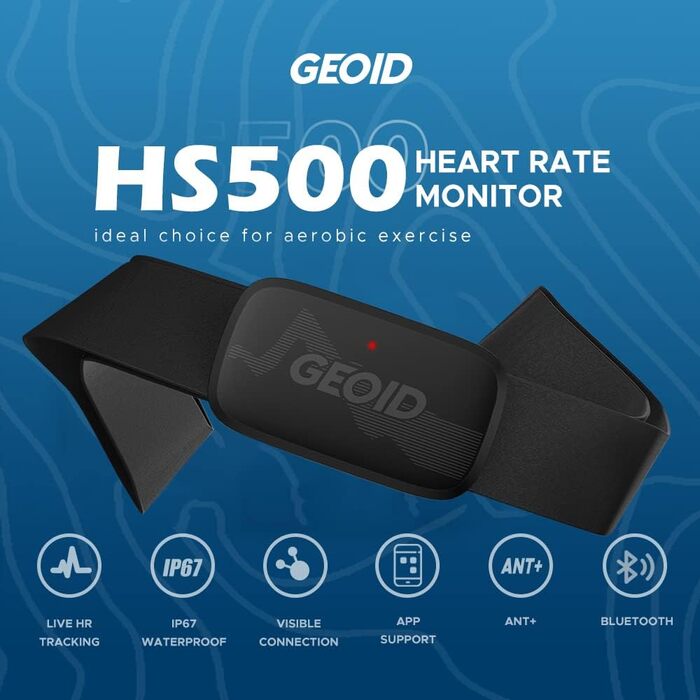 Вимірювач частоти серцевих скорочень GEOID HS500 з нагрудним реміннем, Bluetooth 4.2/ANT+, водонепроникний IP67