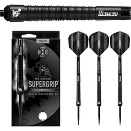 Набір дротиків Harrows SUPERGRIP Black Edition, 90% вольфрам, 28 г, з наконечником зі сталі, з насадками та оперенням Supergrip