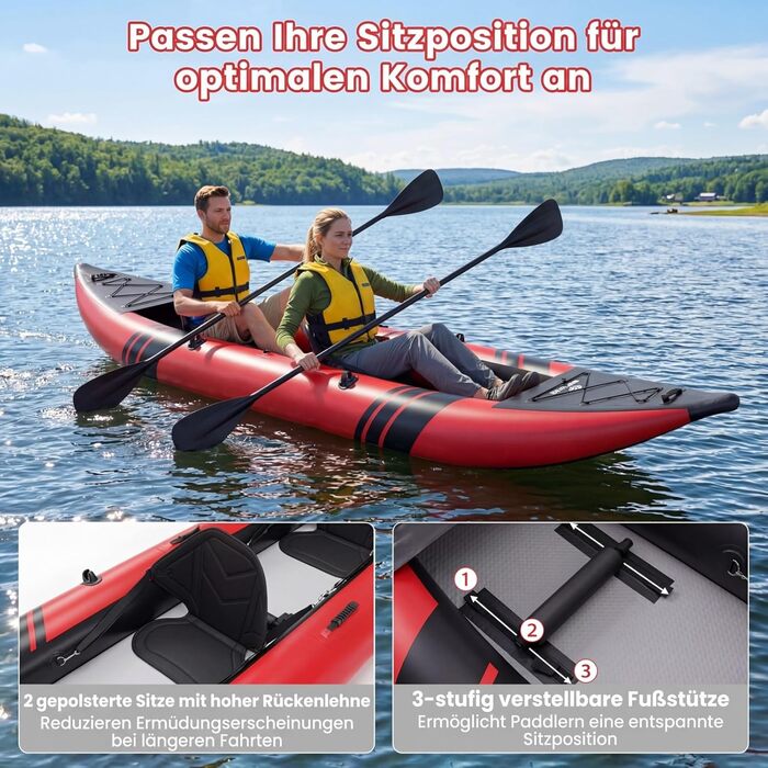 Надувний каяк COSTWAY на 2 особи з алюмінієвими веслами, EVA-сидінням, насосом та ремкомплектом, червоний