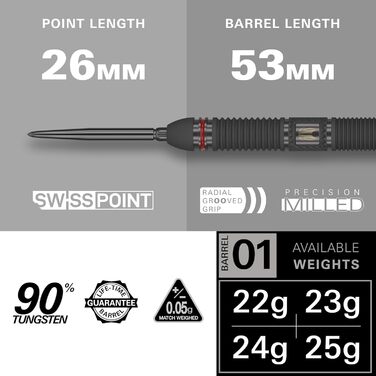 Професійний набір сталевих дротиків Target Darts Scope Swiss Point, 90% вольфрам, червоно-чорні, 21-25 г, з інструментом