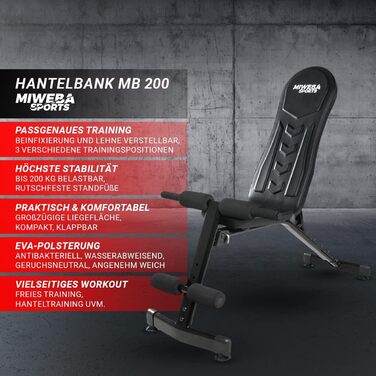 Складна фітнес-лава Miweba Sports MB200, 200 кг, регульована спинка, універсальна тренувальна лава для пресу, силових вправ, штанги, похила і пряма, преміум-якість