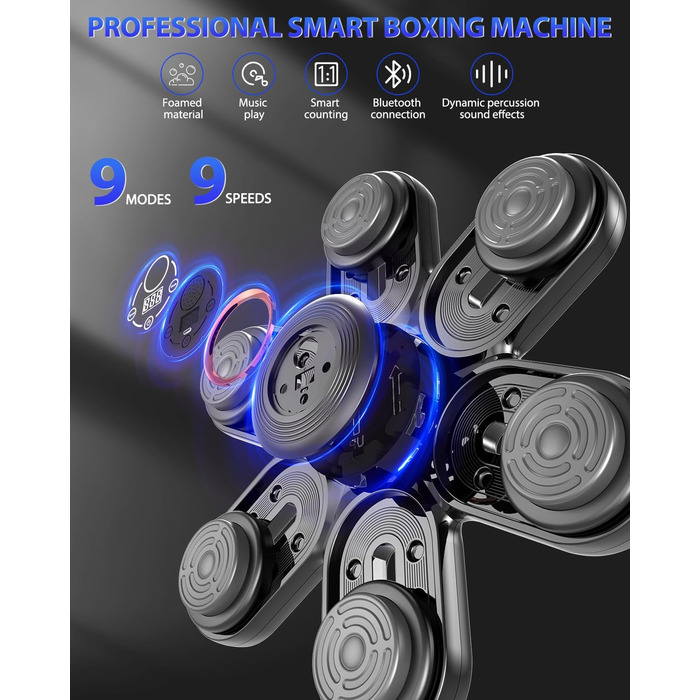 Музична боксерська машина з LED-підсвіткою та Bluetooth, 3 рівня регулювання розміру, 9 режимів швидкості та тренувань, лічильник ударів, для дорослих та дітей