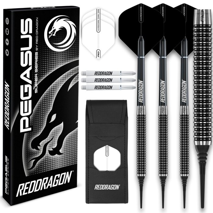 Дарти RED DRAGON Pegasus Tungsten 18/20г - Набір м'яких сталевих дротиків з чорними стеблами та пір'ями