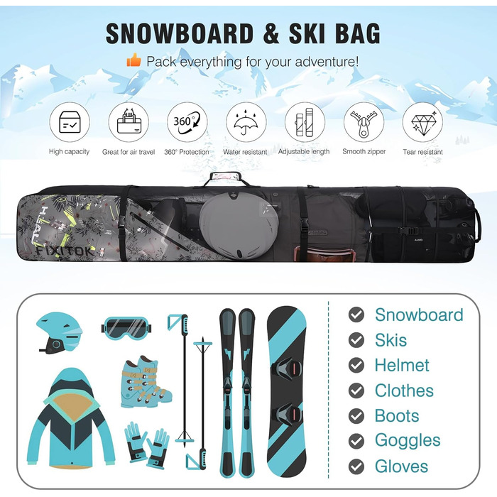 Чохол для сноуборду Flamingo з регульованою довжиною (157-181 см), водонепроникний, з повним захистом для борду, черевиків, одягу, шолому та спорядження