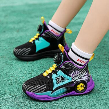 Дитячі баскетбольні кросівки Kinder - High-Top з амортизацією, легкі, антиковзкі, дихаючі, унісекс (33 EU, Чорний/Фіолетовий)