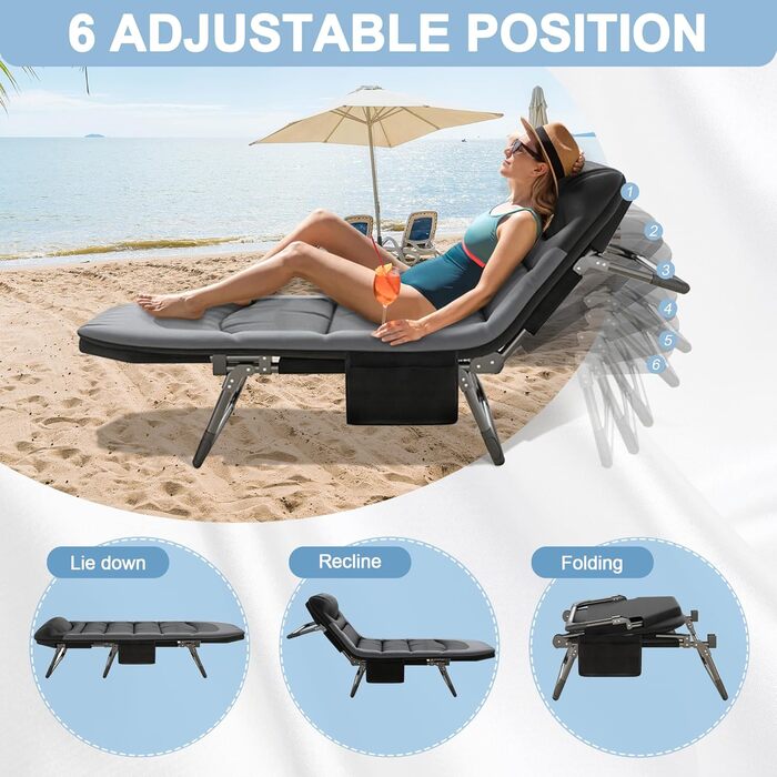 Кемпінгове ліжко AlpineAura - широке, складне, 190x65x30 см, 6 положень, для відпочинку на природі, чорне