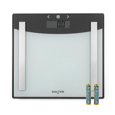 Salter 9137 SVWH3R Преміум скляна вага-аналізатор жиру, електронна вага для аналізу складу тіла, до 180 кг, 8 користувачів, атлетичний режим, вимірювання ваги, жиру, води, ІМТ, батарейки в комплекті, срібляста