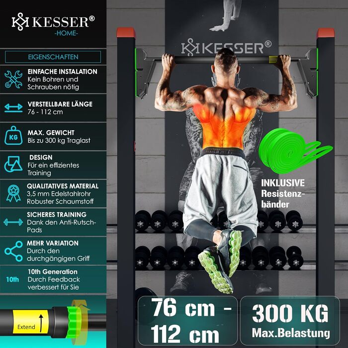 Турнік для дверного прорізу KESSER, розсувний, без свердління, 76-112 см, навантаження до 300 кг, з антиковзкими ручками та резиновими стрічками
