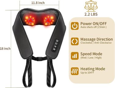Масажер для шиї TISSCARE Shiatsu з підігрівом - електричний масажер для шиї, спини, плечей, ніг та ступнів. Глибокий масаж для розслаблення. Подарунок для батьків та партнерів, чорний