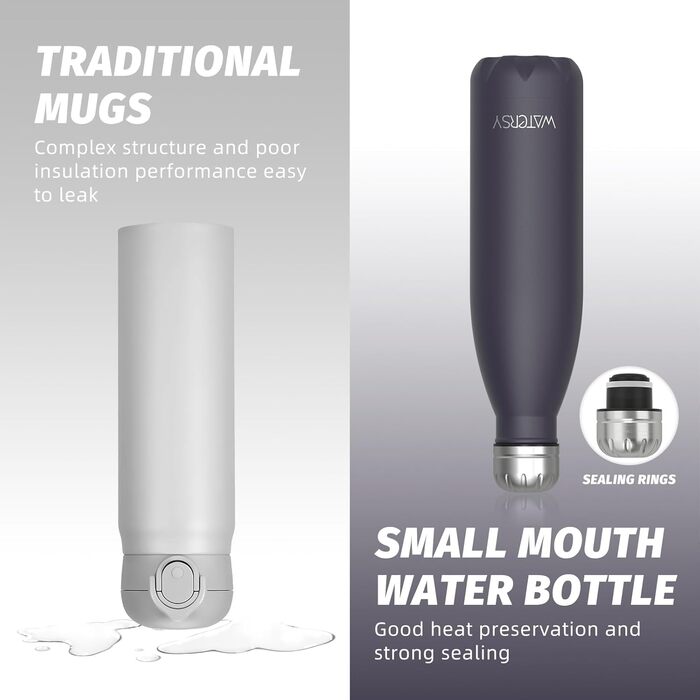 Фляга для напоїв WATERSY з нержавіючої сталі, 500 мл, чорна, з термоізоляцією, без BPA, для дітей, з квітковим декором