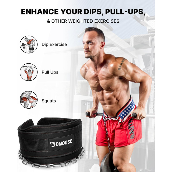 Пояс для важкої атлетики DMoose Dip-Gürtel зі сталевою ланцюгом 36' - для підтягувань та присідань, пояс для чоловіків та жінок, з неопреновою підтримкою, чорний