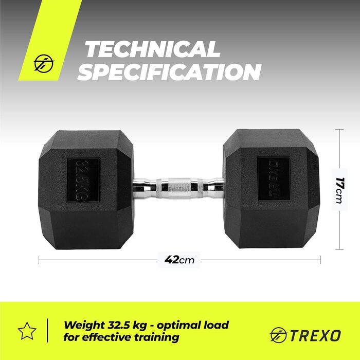 Гантеля TREXO Hex 32,5 кг, гексагональна, гумова, чавунна, для силових тренувань, ергономічна ручка